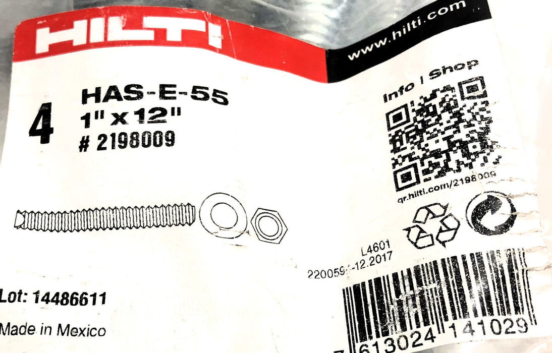 Hilti 1" x 12" Anchor Bolts W/Out Washers 2198009 (HAS-E-55) [Lot of 3] NOS