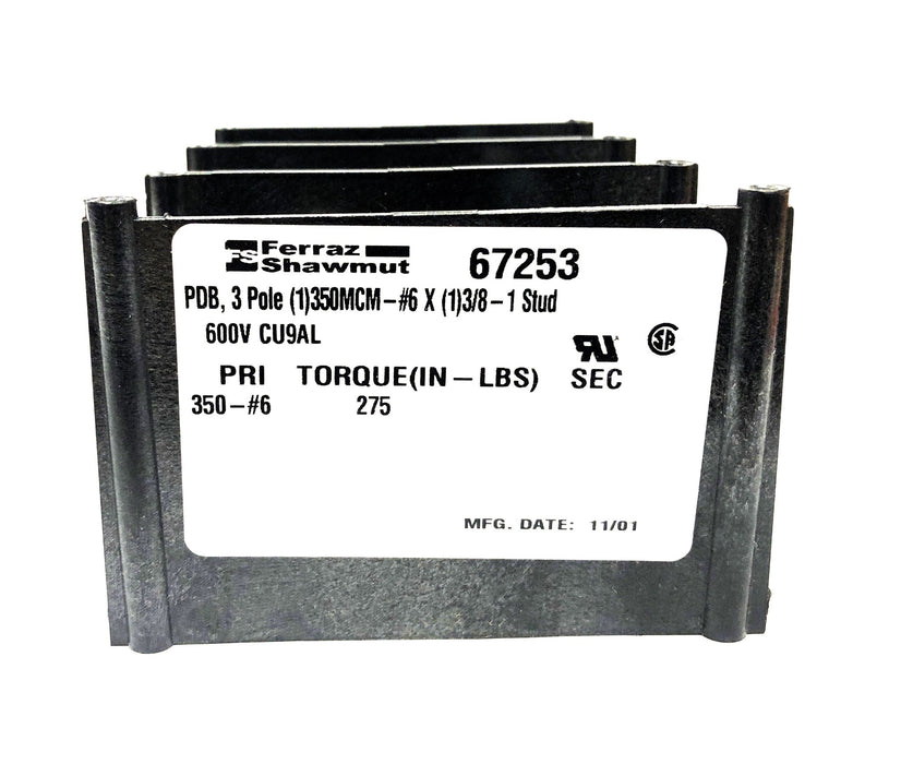 Ferraz Shawmut Power Distribution Block 600V PDB 3 Pole 67253 (CU9AL) NOS