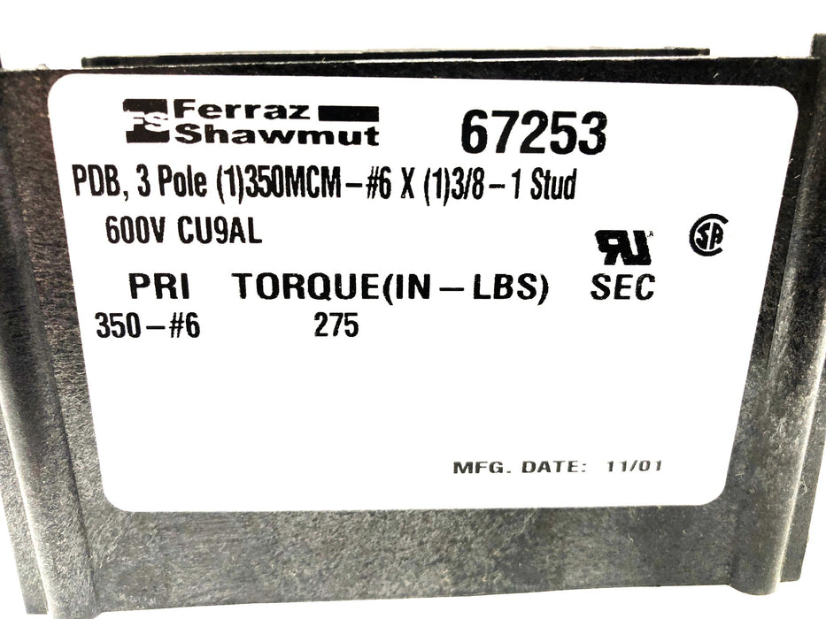 Ferraz Shawmut Power Distribution Block 600V PDB 3 Pole 67253 (CU9AL) NOS