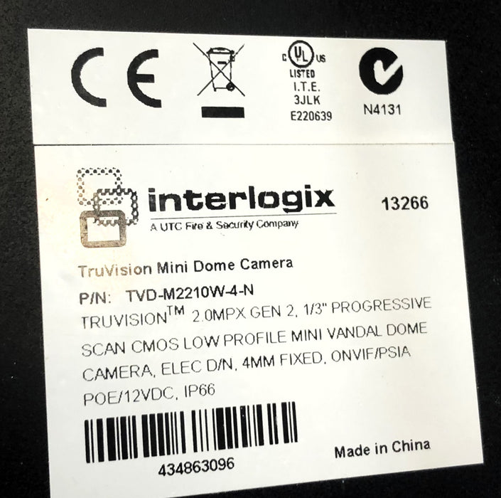 Interlogix TruVision 2.0MPX Mini Dome Camera (Untested) TVD-M2210W-4-N USED