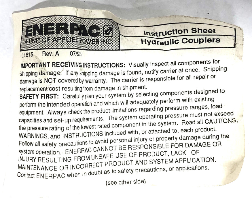 Enerpac Hydraulic Coupler Plug Fitting CH604 NOS