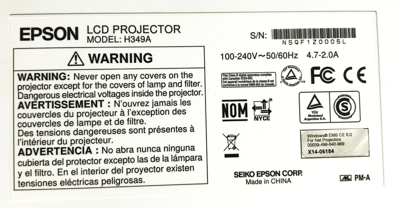 Epson Digital Projector H349A No Power Cord USED
