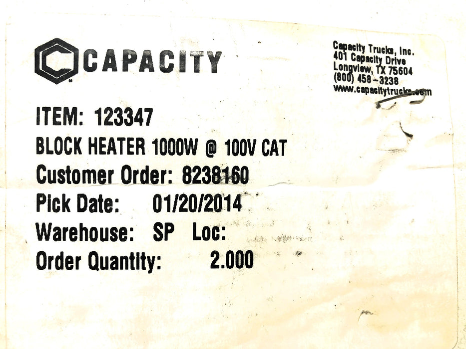 Capacity 1000W 100V CAT Block Heater 123347 NOS