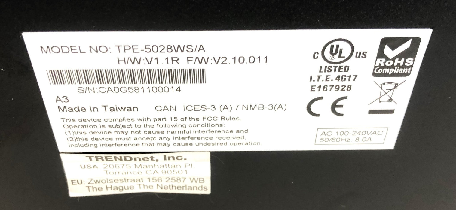 Trendnet 28-Port Gigabit Web Smart PoE+ Switch (Powers On) TPE-5028WS USED