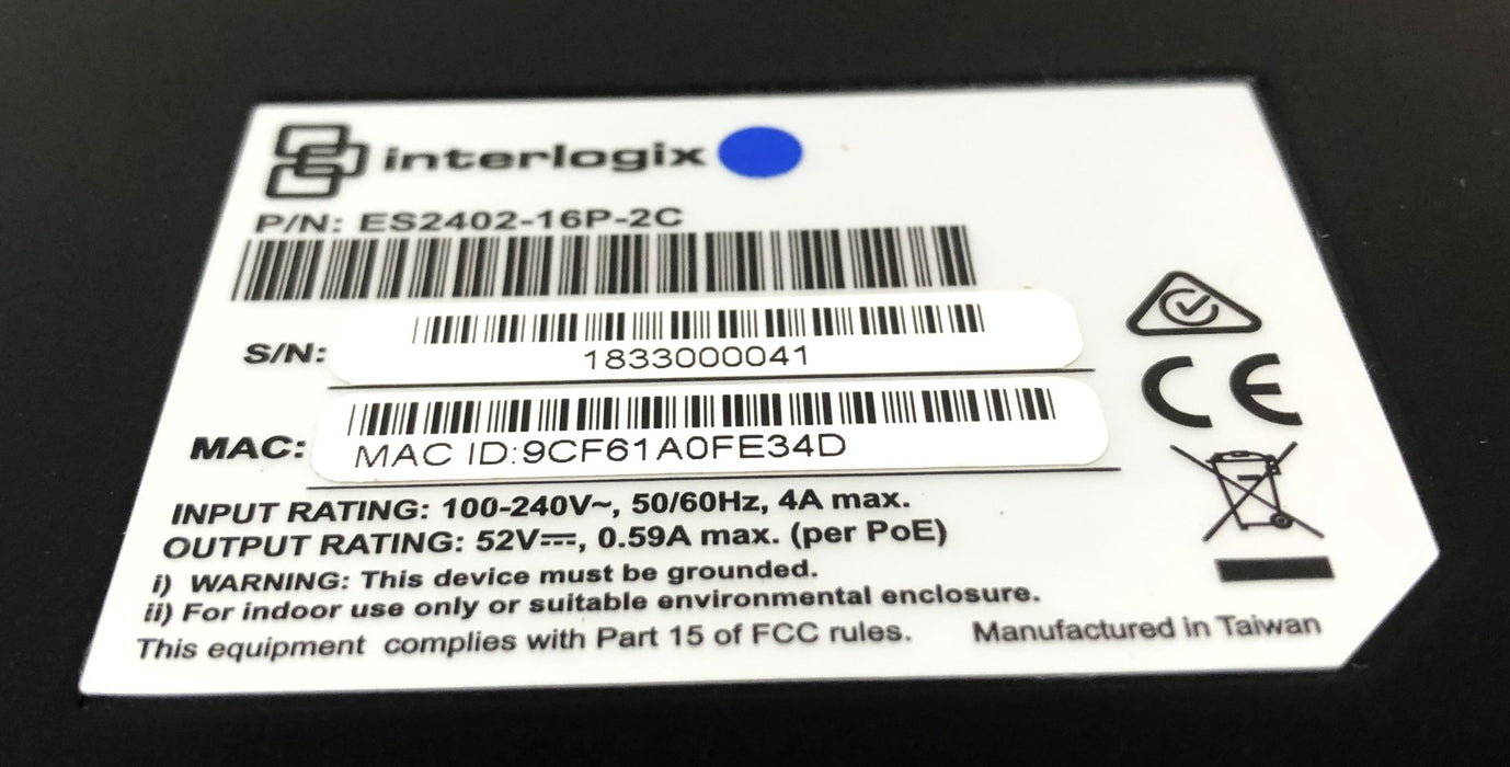 Interlogix 16-Port Eternet PoE+ Web Smart Switch ES2402-16P-2C USED