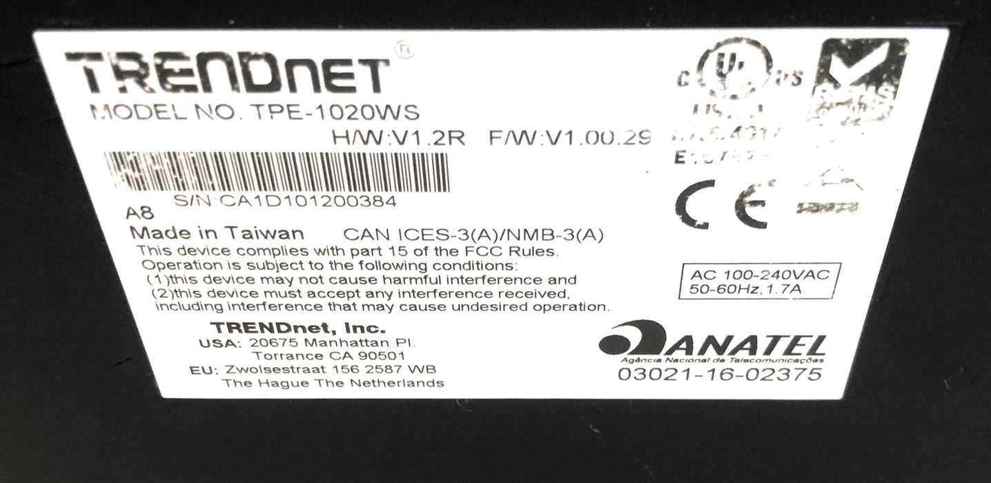 Trendnet 10-Port PoE Web Smart Switch (Powers on) TPE-1020WS USED