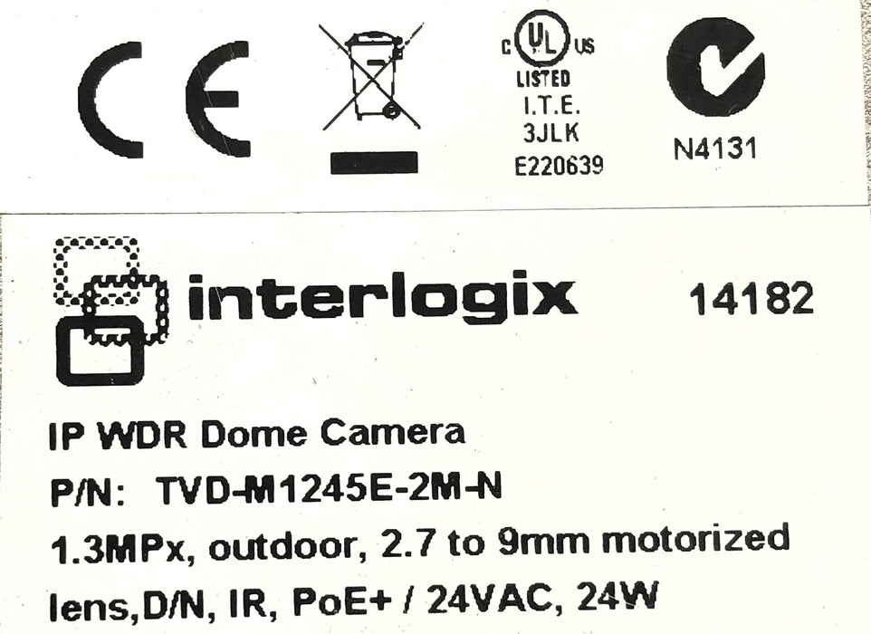 Interlogix IP WDR Dome Camera (Untested) (No Base) TVD-M1245E-2M-N USED