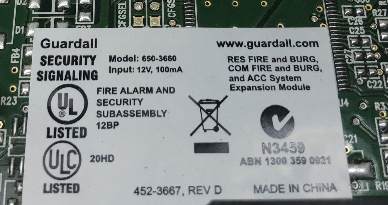 Guardall Fire Alarm & Security Control Board (Untested) 650-3660 USED