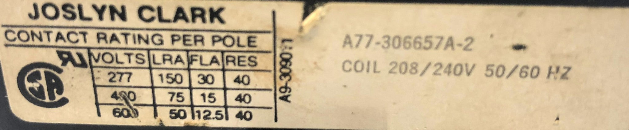 Joslyn Clark 208/240V 50/60 HZ Contactor A77-306657A-2 USED