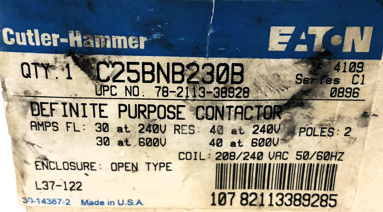 Cutler-Hammer Eaton Definite Purpose Contactor C25BNB230B NOS