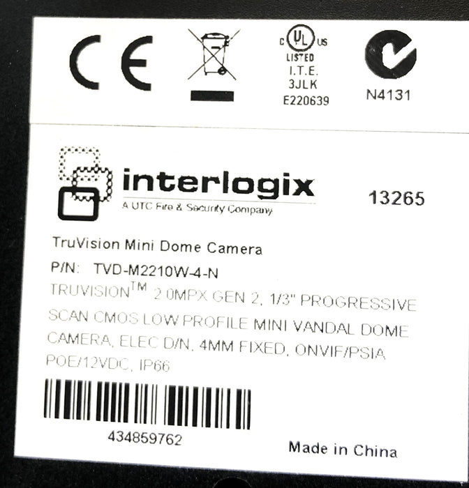 Interlogix Mini Dome Camera W/ Mount Screws (Untested) TVD-M2210W-4-N USED