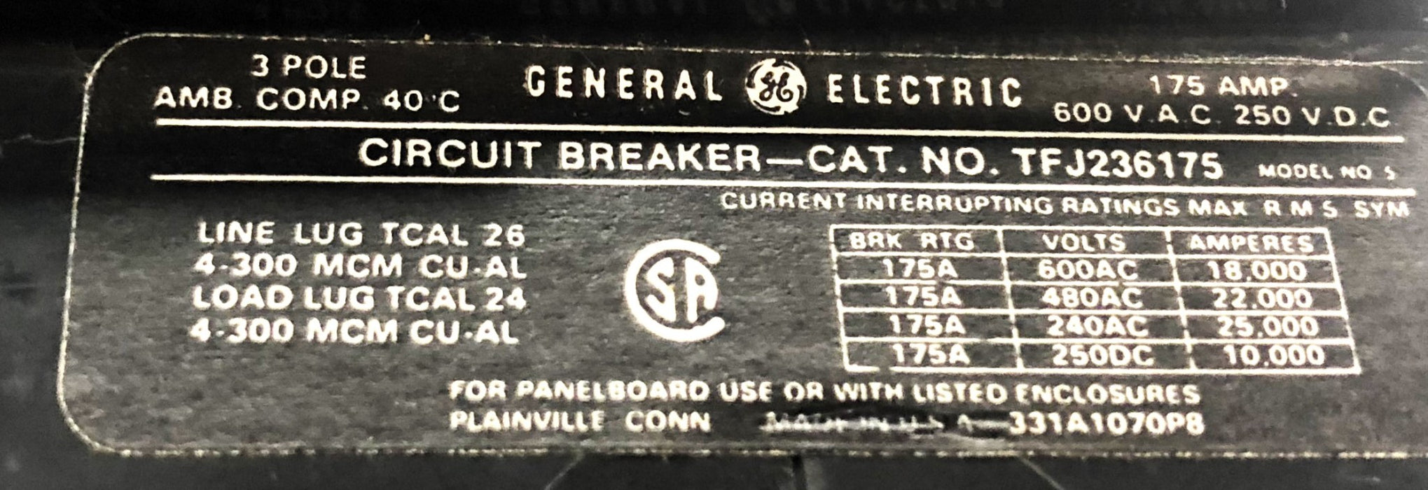 General Electric 175AMP 600VAC 250VDC Circuit Breaker TFJ236175 USED