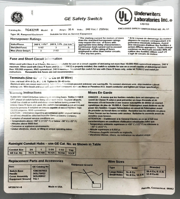 GE 30 Amp 240V, AC Max HP 7.5 General Duty Safety Switch TG4321R (14363) USED