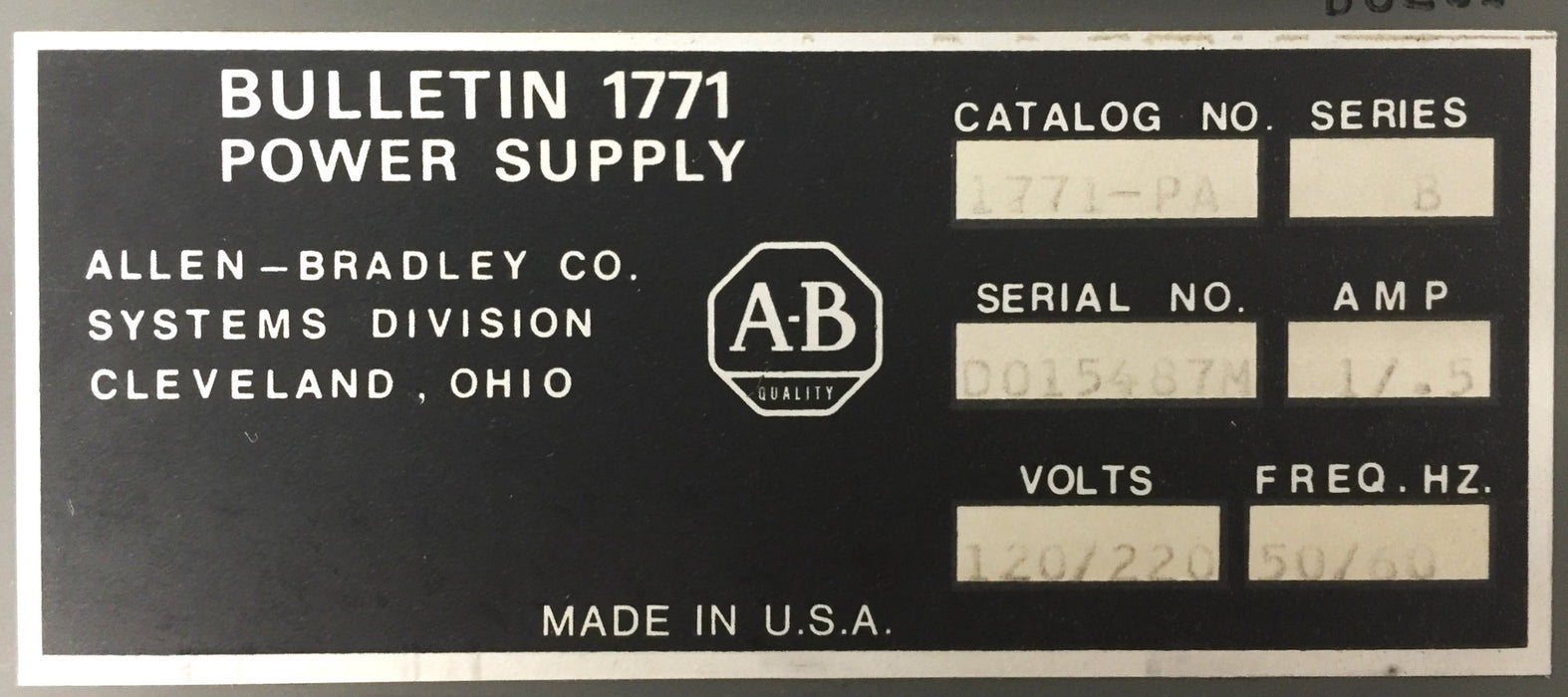 Allen-Bradley 220/240V Power Supply Unit 1771-PA USED