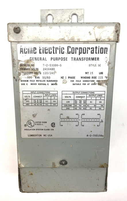 Acme Electric 240 X 480 General Purpose Transformer T-2-53008-S USED