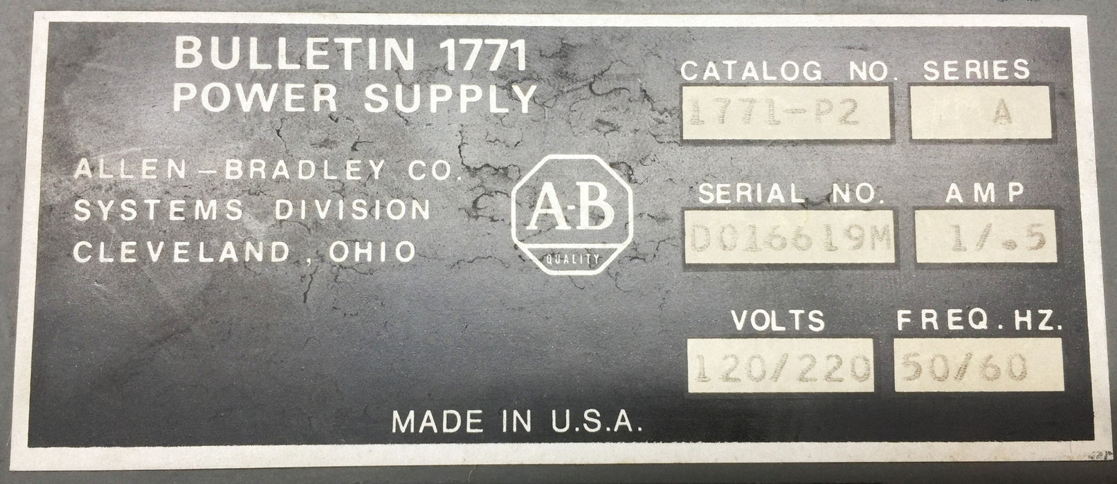 Allen-Bradley 220/240VAC Power Supply Unit 1771-P2 USED