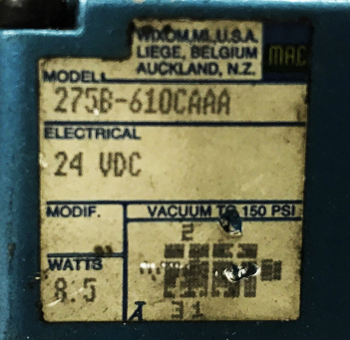 MAC Valves Inc. Single Direct Solenoid Poppet Valve 2758-610CAAA USED