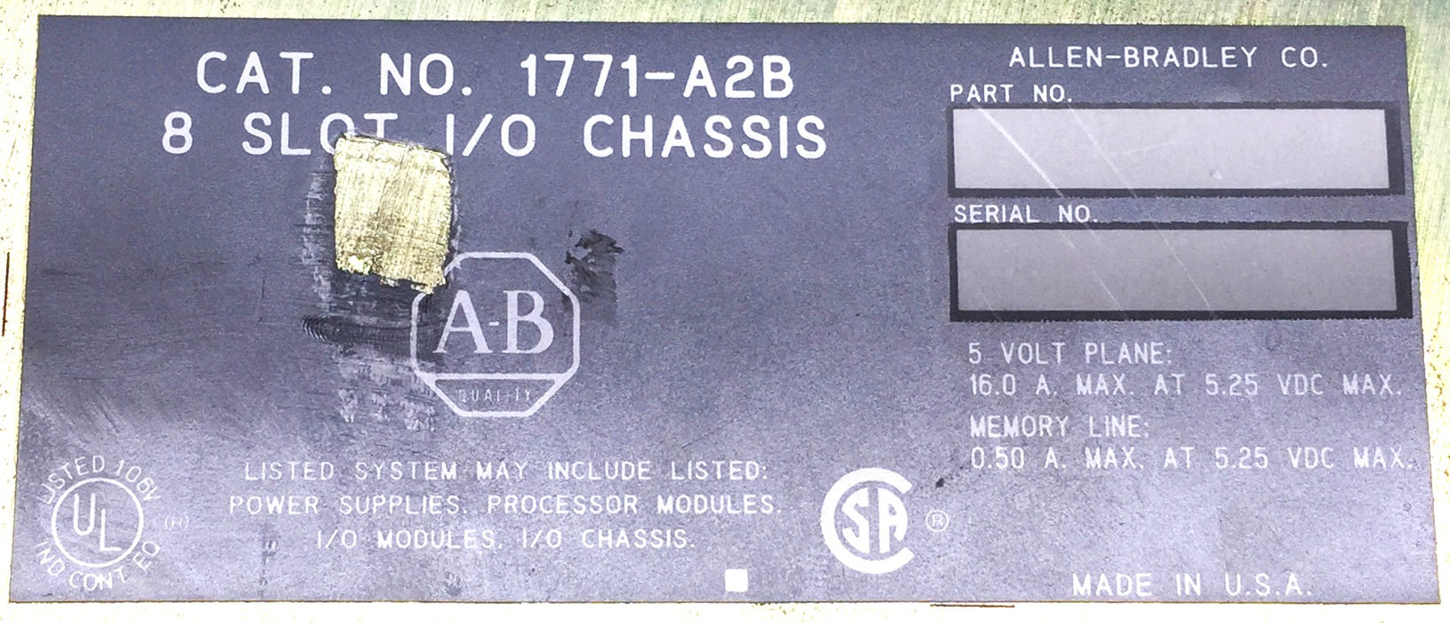 Allen-Bradley 8-Slot Card Rack I/O Chassis 1771A2B 960188 USED