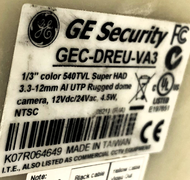 GE Security Rugged Dome Camera (Untested) GEC-DREU-VA3 PARTS ONLY