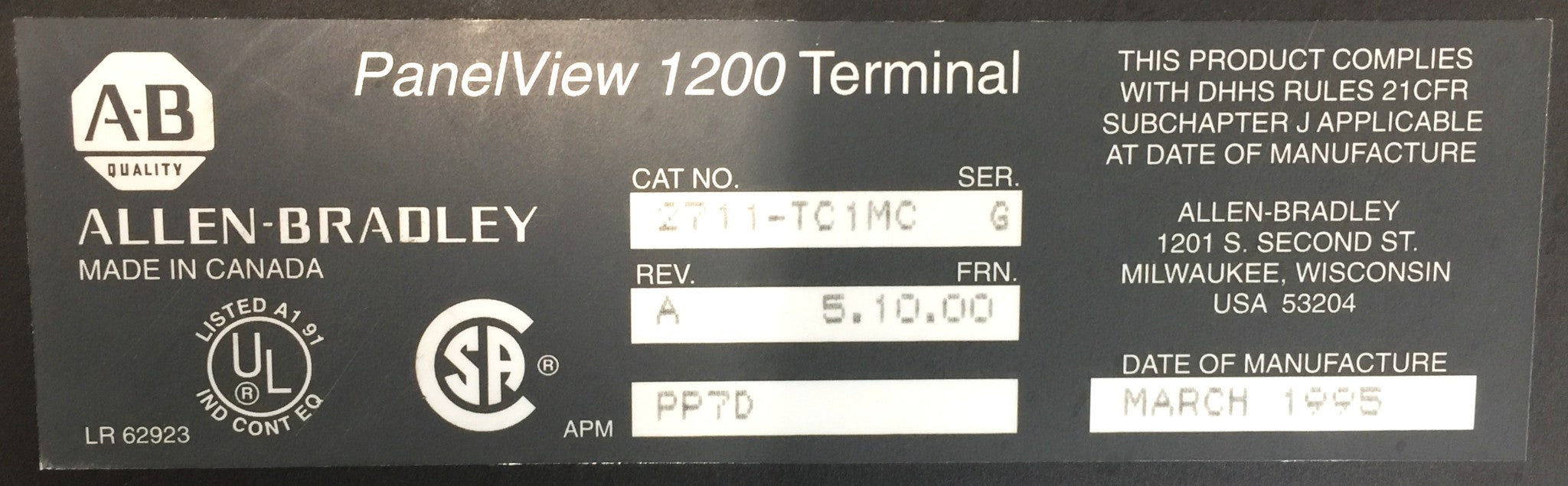 Allen-Bradley Panelview 1200 Terminal 2711-TC1MC Rev.A 5.10.00 USED