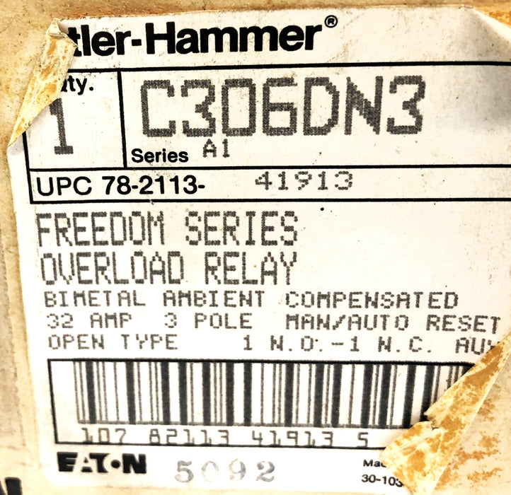 Cutler-Hammer Eaton Overload Relay C306DN3 USED