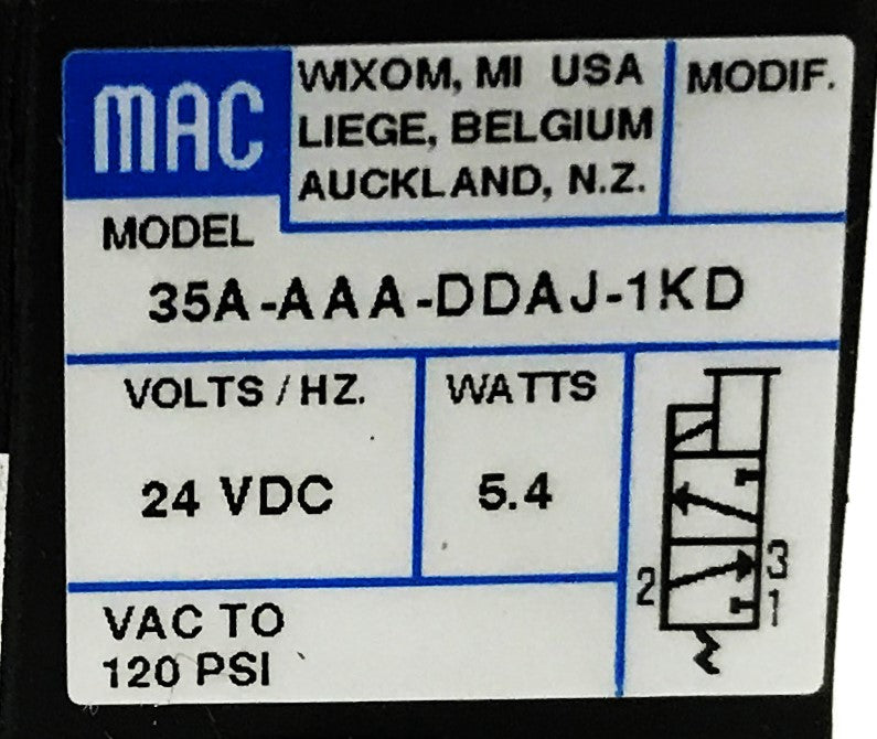 MAC Valves 24 Volt Solenoid Valve 35A-AAA-DDAJ-1KD NOS