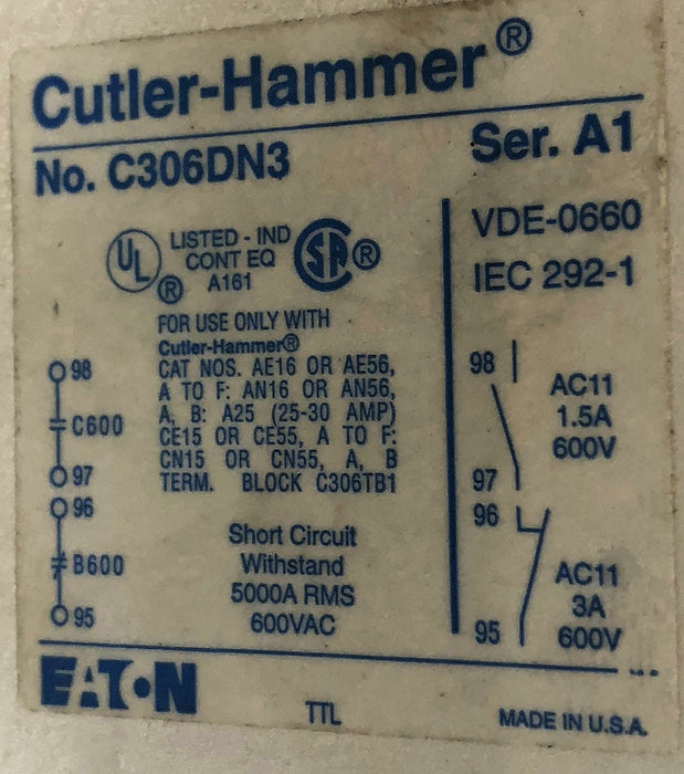 Cutler-Hammer Eaton Overload Relay C306DN3 USED