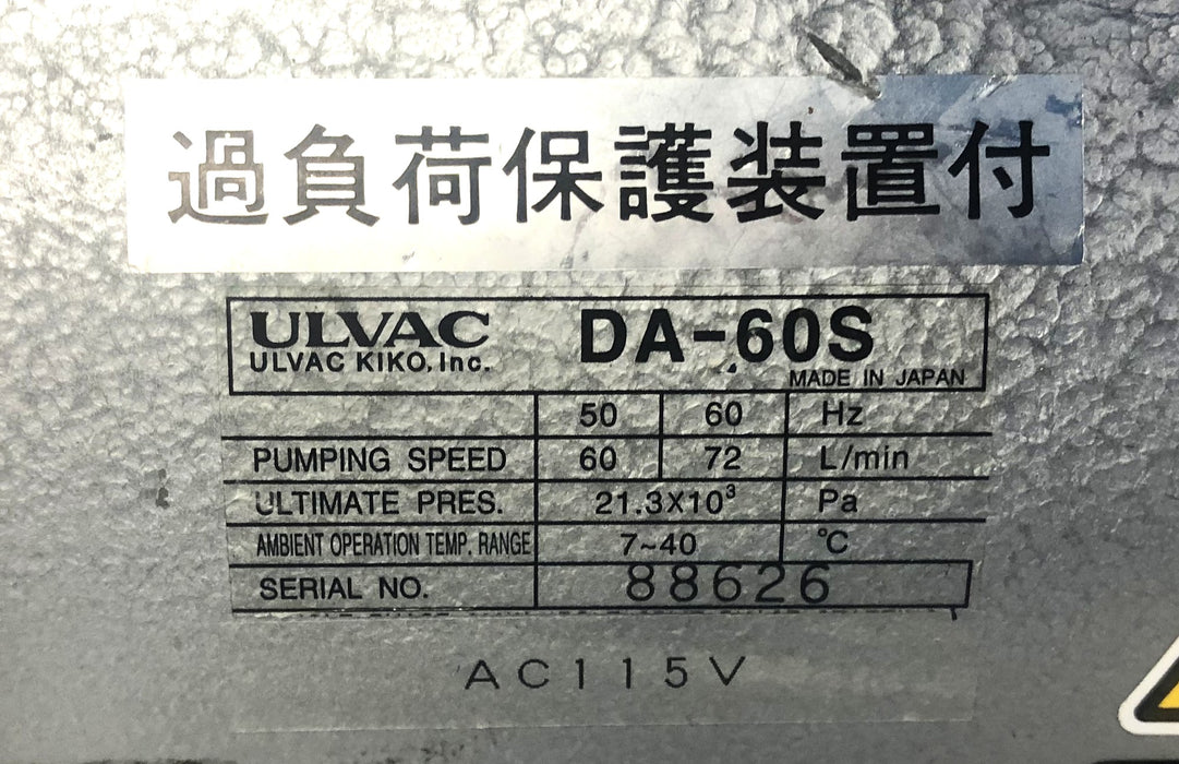 Ulvac Kiko Inc 50-60HZ 60-72 L/min 7-40C Diaphragm Vacuum Pump DA-60S USED