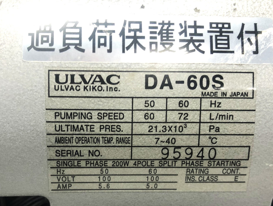 Ulvac Kiko Inc 60-72 L/min 7-40C 50-60HZ Diaphragm Vacuum Pump DA-60S USED