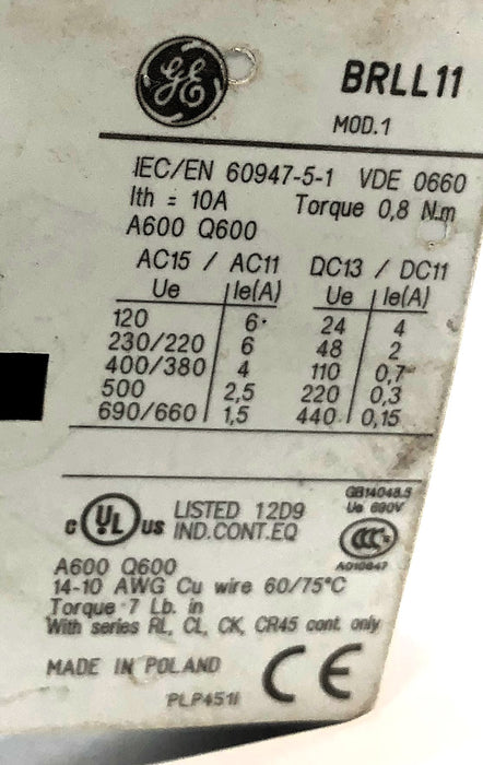 General Electric Auxiliary Contact Block BRLL11 USED