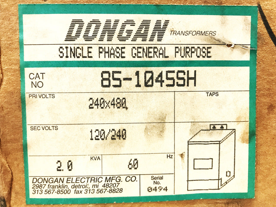 Dongan Single Phase Transformer 85-1045SH NOS