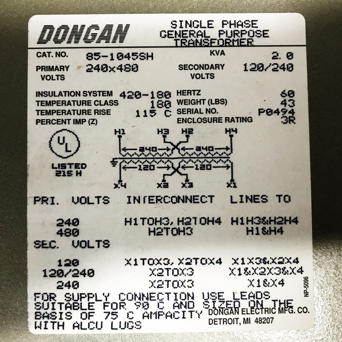 Dongan Single Phase Transformer 85-1045SH NOS