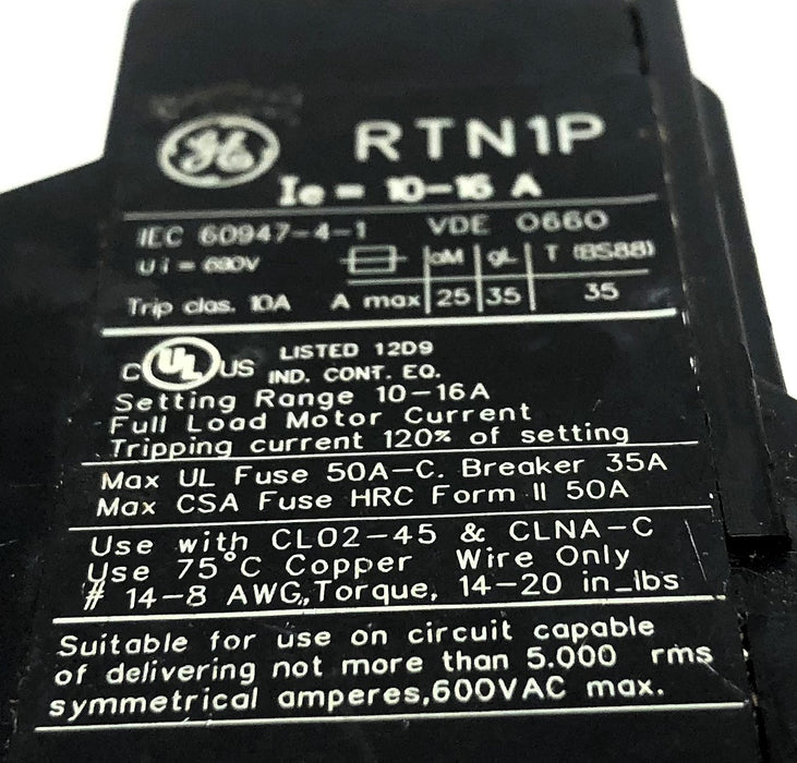 General Electric Overload Relay RTN1P USED