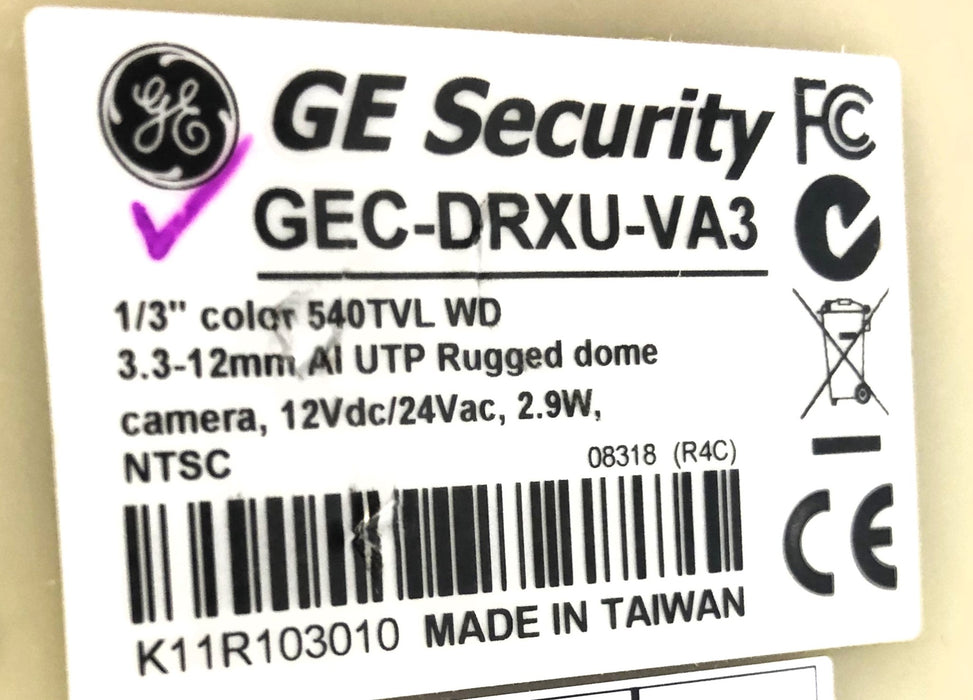 GE Security 540TVL Rugged Dome Camera (Untested) GEC-DRXU-VA3 USED
