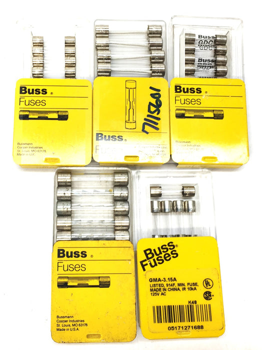 Bussmann Miniature Glass Fuse Assortment Pack (5pcs) GMA-3.15A [Lot of 5] NOS