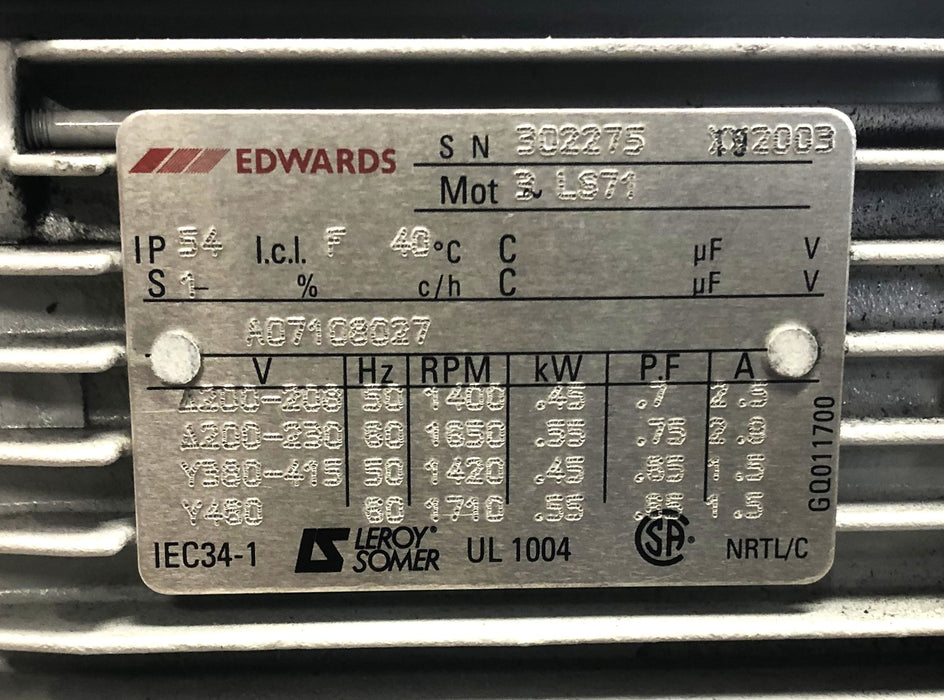 Edwards Leroy Somer 3-LS71 Rotary Vane Pump With Oil Mist Filter RV12 USED