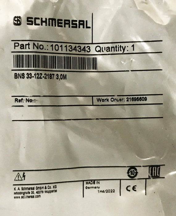 Schmersal  Magnetic Safety Sensor 101134343 (BNS33-12Z-2187-3M) NOS