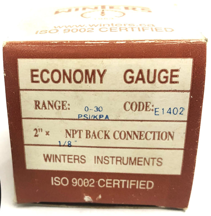 Winters 0-30 PSI/KPA 2x1/8 Inch NPT Economy Gauge E1402 NOS