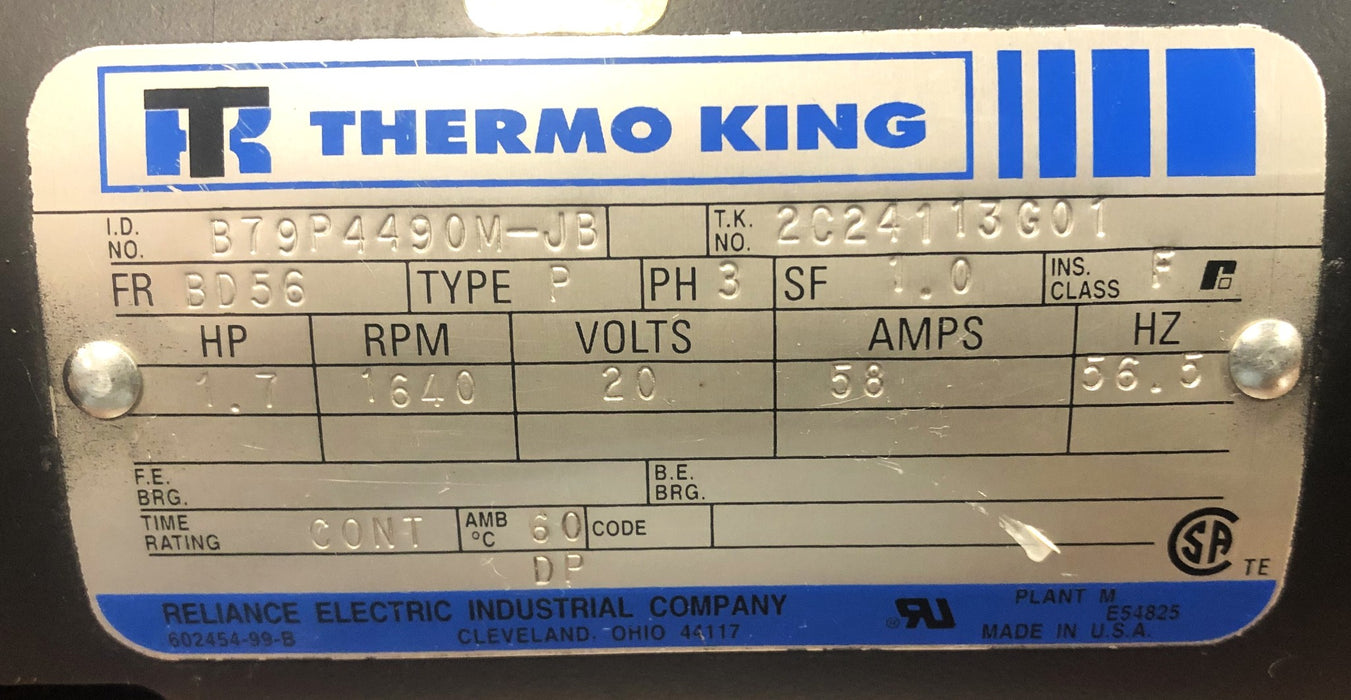 Thermo King 1.7HP 3PH Type P 58AMP 20V 1640RPM Electric Motor 2C24113G01 NOS