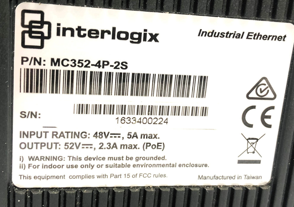 Interlogix Industrial Ethernet Media Converter (Untested) MC352-4P-2S USED