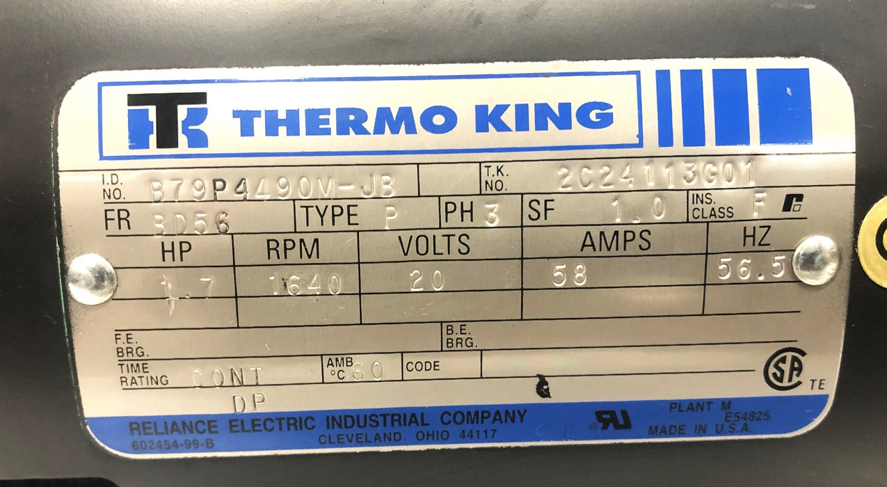 Thermo King 1.7HP 3PH Type P 58AMP 20V 1640RPM Electric Motor 2C24113G01 USED