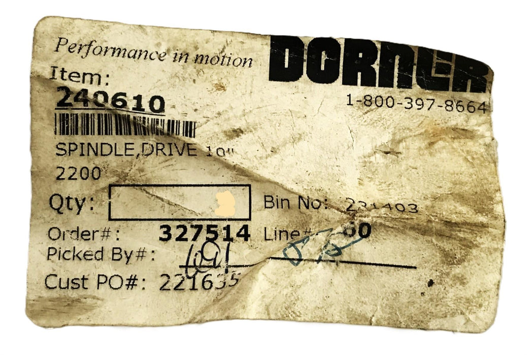 Dorner 10 inch Series 2200 Conveyor Belt Spindle Drive 240610 NOS