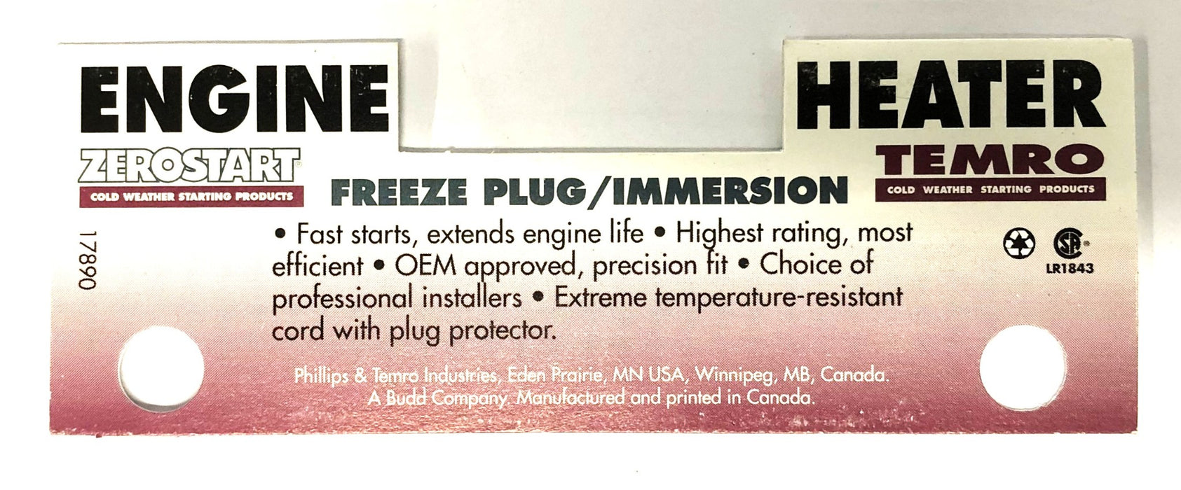 Zerostart Temro Engine Heater Freeze Plug/Immersion 17890 NOS
