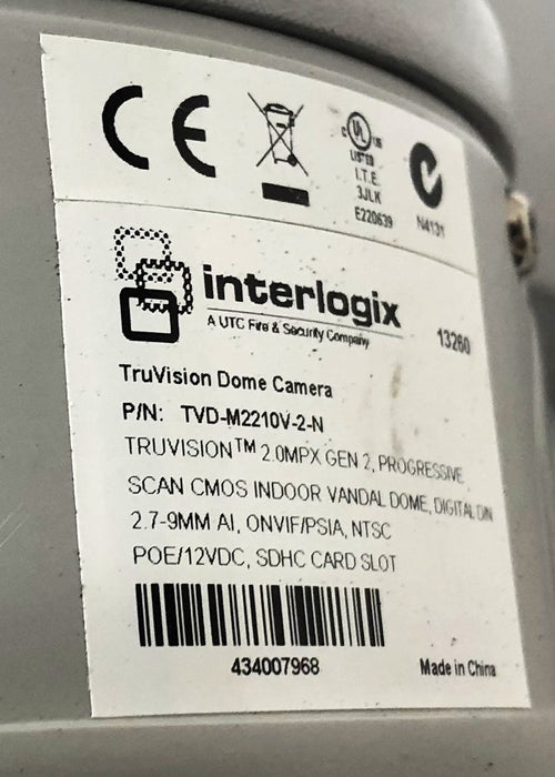 Interlogix TruVision Dome Camera W/ Wall Mount (Untested) TVD-M2210V-2-N USED