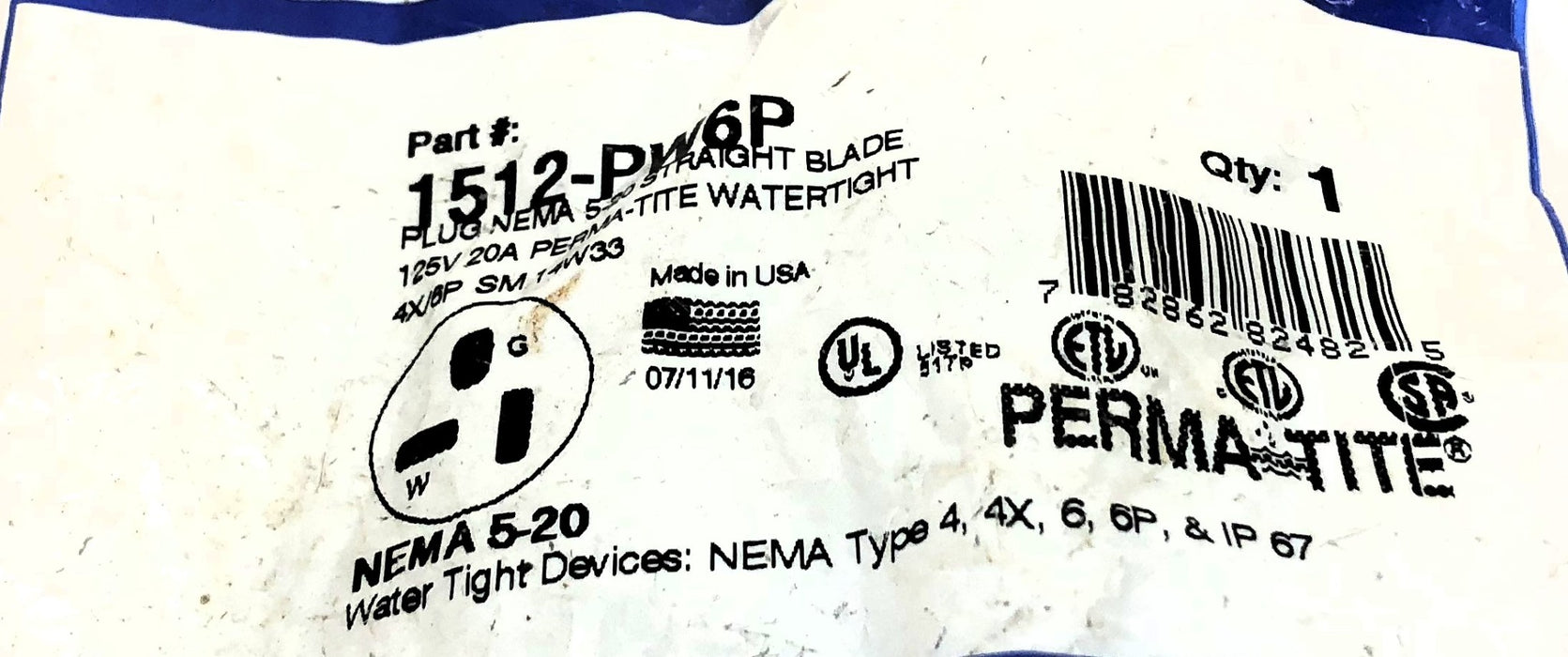 Ericson Plug NEMA 5-20 Straight Blade 125V 20A Perma-Tite 1512-PW6P NOS