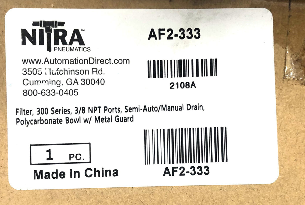 Automation Direct Nitra 300 Series 3/8NPT Polycarbonate Bowl Filter AF2-333 NOS