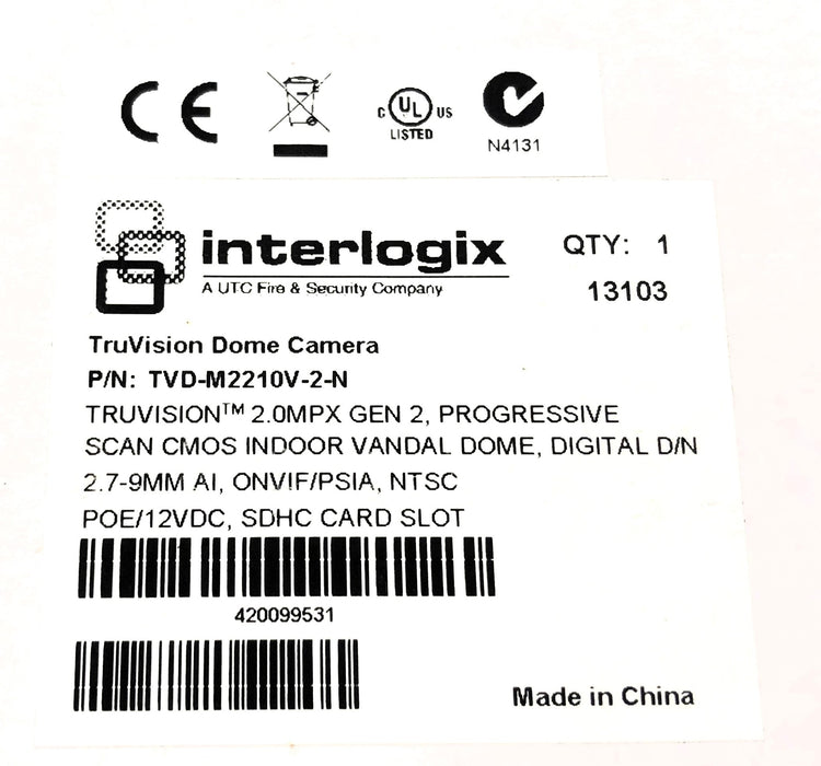 Interlogix TruVision H.264 Dual Stream IP Dome Camera TVD-M2210V-2-N NOS