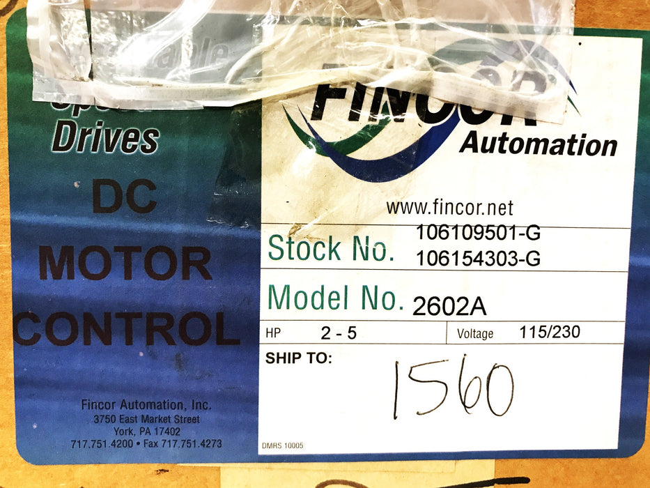 Fincor Single-Phase Adjustable Speed DC Motor Controller 2602A NOS