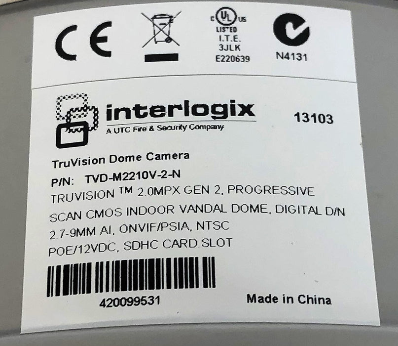 Interlogix TruVision H.264 Dual Stream IP Dome Camera TVD-M2210V-2-N NOS