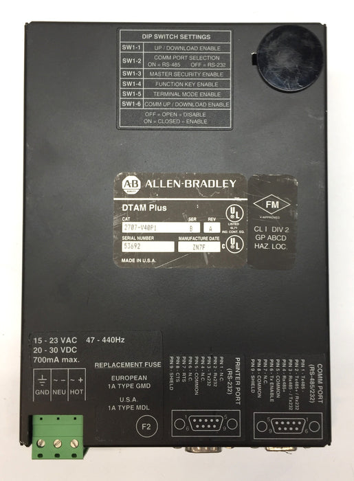 Allen-Bradley DTAM Plus Operator Interface 2707-V40P1 Ser.B/Rev.A USED
